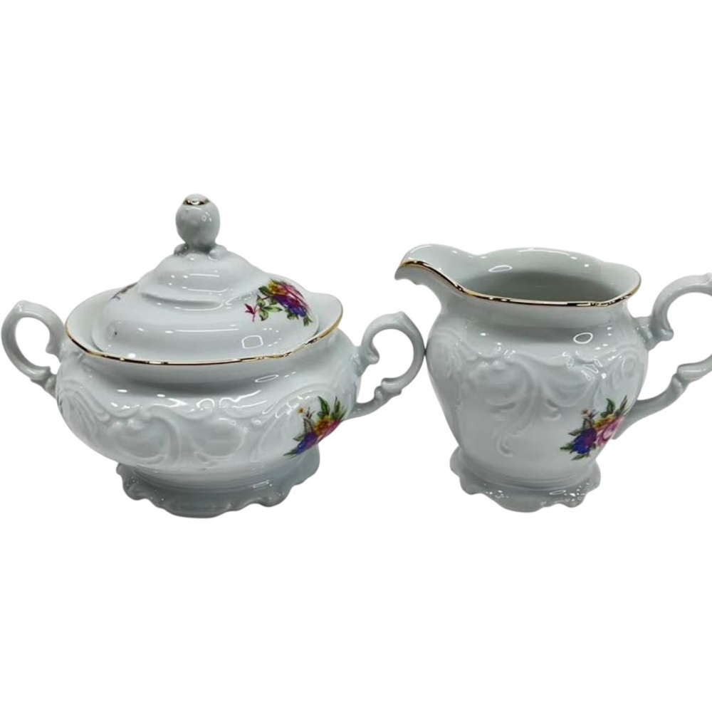 Royal Kent China Bavarian Rose Cream and Sugar Vintage Poland Gold Trim